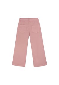Rosa weit geschnittene Hose aus weicher Baumwolle. Verfügt über zwei Taschen auf der Rückseite und einen sauberen Saum ohne sichtbare Verzierungen.