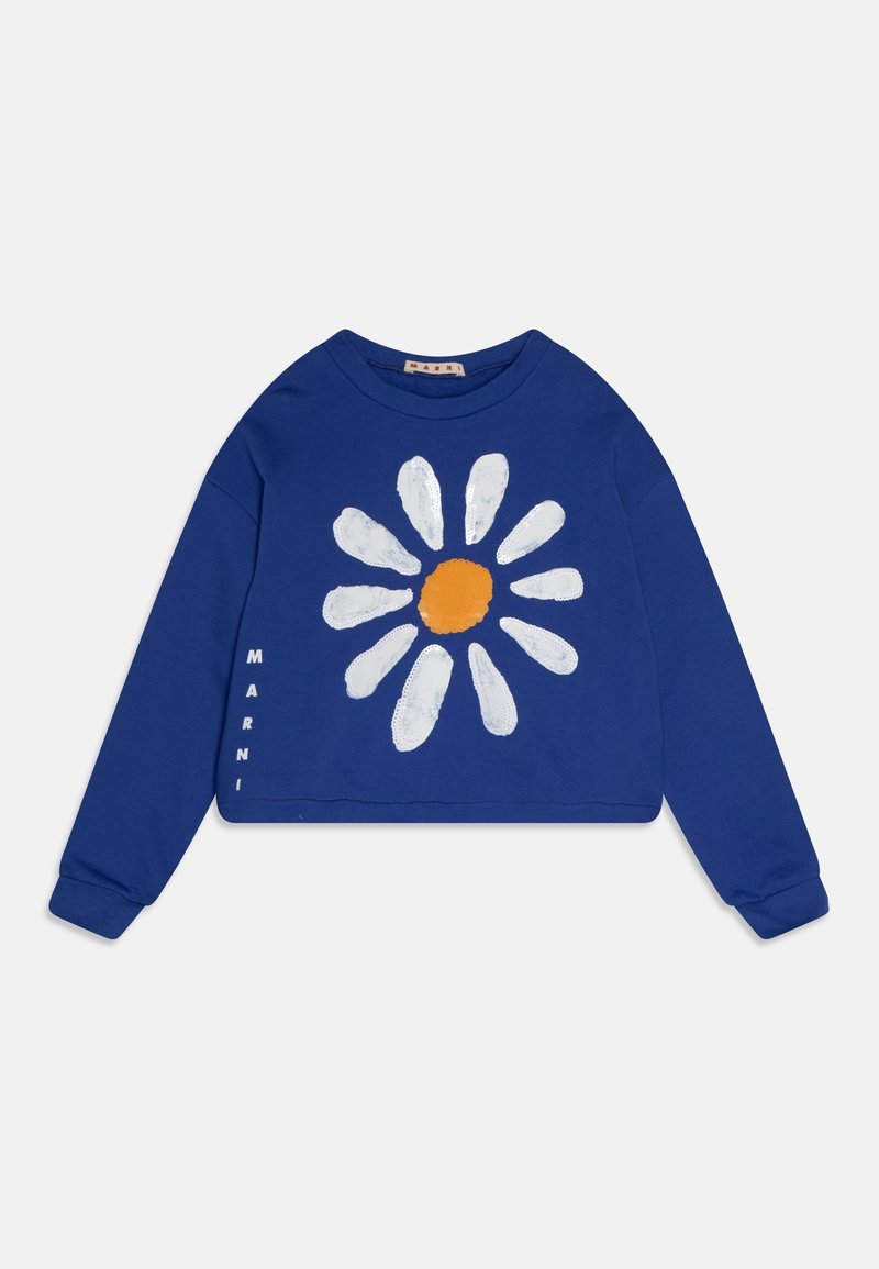 Sweatshirt court bleu à manches longues, avec un motif de marguerite blanche et un centre orange. Texte "Marni" imprimé sur le côté gauche.