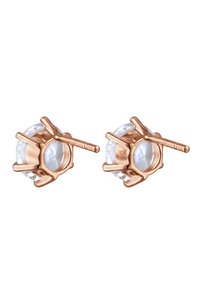 Boucles d'oreilles en or rose avec des cristaux ronds transparents, montés sur griffes avec six accents métalliques autour de chaque pierre.