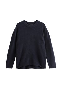 Pull en tricot bleu marine avec un col rond, des épaules tombantes et une coupe décontractée. Présente une texture douce et des détails en bord-côte.