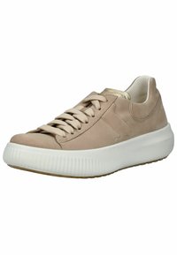 Beige Wildlederschuh mit tonalen Schnürsenkeln, runder Zehenpartie und einer weißen Gummisohle, die über Rippendetails und eine strukturierte Innensohle verfügt.
