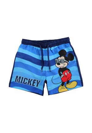 Costume da bagno a righe blu con coulisse con grafica di Topolino con occhiali da sole e la parola "Mickey" sulla gamba sinistra.