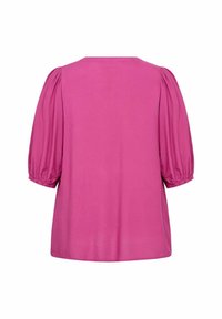 Rosa Bluse mit kurzen Ärmeln und lockerer Passform. Sie verfügt über puffige Ärmel mit elastischen Bündchen und einen runden Halsausschnitt. Glattes, leichtes Material.