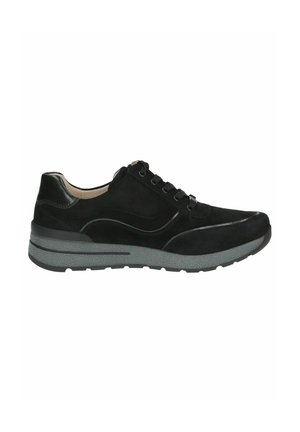 Black suede sneakers with a textured gray rubber sole, featuring subtle curved stitching and six lace-up eyelets.