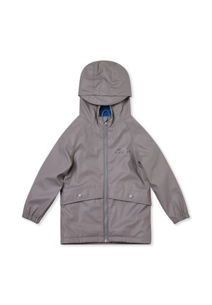 Giacca impermeabile grigia con cappuccio, zip frontale e bottoni a pressione. Presenta polsini elasticizzati e un design a taglia rilassata.