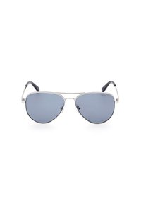 Gafas de sol tipo aviador plateadas con lentes gris oscuro, montura de metal y puntas de acetato negro. Presentan un diseño de doble puente y una textura suave.
