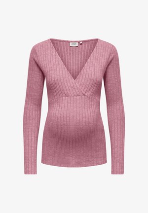 Geripptes Umstandstop in sanftem Rosa mit V-Ausschnitt, langen Ärmeln und taillierter Passform, die einen wachsenden Bauch berücksichtigt.