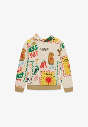 Sudadera con capucha beige con estampados gráficos coloridos que incluyen chiles, latas de refresco, rodajas de limón y texto "GUESS EST. 1981".