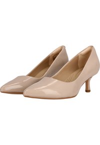 Beige patent leather pumps with a pointed toe and a 2-inch stiletto heel. Smooth texture, minimalistic design, and subtle inner perforations.