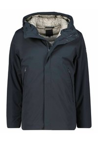 Chaqueta impermeable de color navy con forro acolchado crema, capucha ajustable, cremallera frontal y dos bolsillos laterales. Textura suave y mate.