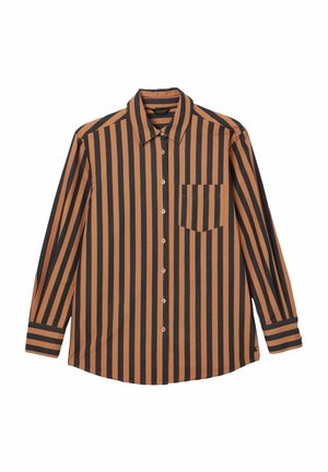 Gestreiftes Hemd mit langen Ärmeln. Verfügt über braune und schwarze vertikale Streifen, eine Brusttasche und einen klassischen Kragen.