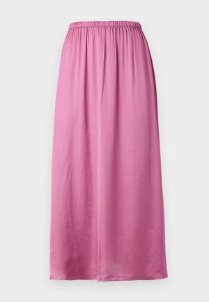 Long pink skirt made of smooth fabric, featuring an elastic waistband and a flowing design. No visible patterns or hardware details.