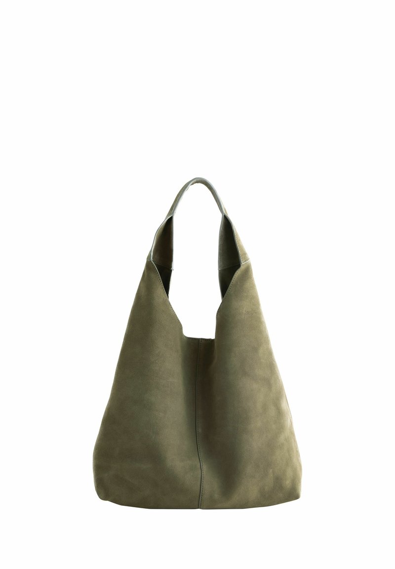 Groene suedine hobo tas met een brede opening, zachte textuur en verlengde handgreep. Heeft een symmetrische vorm en minimale stiknaaddetails.