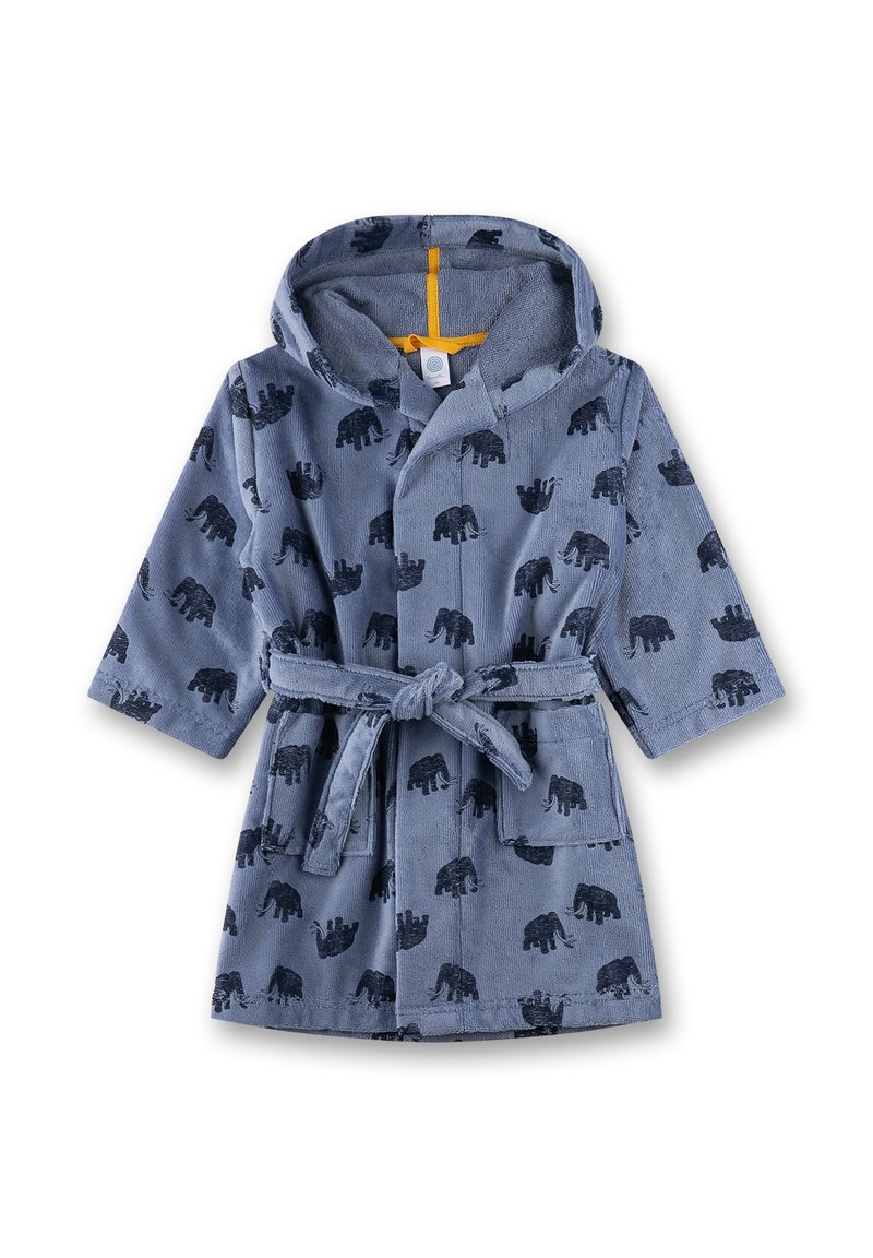 Blauer Bademantel mit Kapuze, aus weichem Material. Mit schwarzen Elefantenmustern, einem Bindegurt und zwei vorderen Taschen.