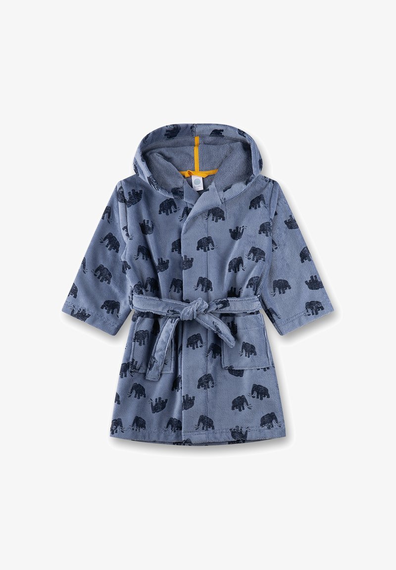Blauer Bademantel mit Kapuze, aus weichem Material. Mit schwarzen Elefantenmustern, einem Bindegurt und zwei vorderen Taschen.