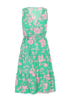 Grøn blomsterkjole med V-udskæring, lyserødt blomsterprint, elastisk talje med bånd og tiered flæsekanter. Letvægtsstof.