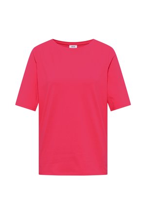 Jaskraworóżowy T-shirt z krótkim rękawem, okrągłym dekoltem i małą metką na kołnierzu.