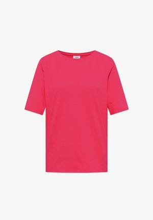 Jaskraworóżowy T-shirt z krótkim rękawem, okrągłym dekoltem i małą metką na kołnierzu.