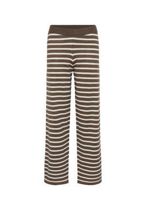 Brūni un balti svītroti platajā stila bikses, izgatavotas no mīksta, teksturēta auduma ar augstu elastīgu jostu un brīvu piegriezumu.