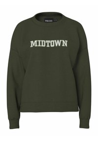 Alyvuogių žalia džemperis su apvalia iškirpte, ant kurio yra užrašas „MIDTOWN“ baltos ir šviesiai žalios spalvos. Minkštas audinys su banguotais rankogalviais ir apačia.