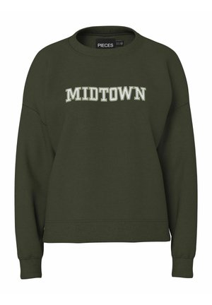 Oliivinvihreä collegepaita pyöreällä pääntiellä, jossa valkoisella ja vaaleanvihreällä "MIDTOWN"-teksti. Pehmeä kangas, jossa resorit hihansuissa ja helmassa.