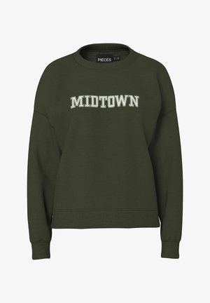 Sweatshirt vert olive à col rond, avec le texte "MIDTOWN" en blanc et vert pâle. Tissu doux avec poignets et ourlet côtelés.