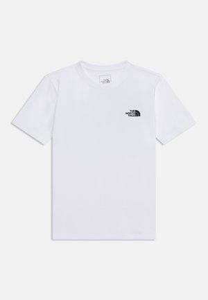 T-shirt blanc à manches courtes avec col rond et petit logo noir The North Face sur la poitrine gauche.