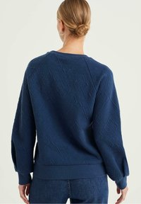 Mörkblåtexturerad sweatshirt med geometriskt mönster, ribbade ärmslut och nederkant, samt en avslappnad passform, sedd bakifrån.