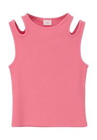 Roze geribde tanktop met uitsparingen op de schouders en een ronde halslijn. Gemaakt van rekbaar materiaal voor een aansluitende pasvorm.