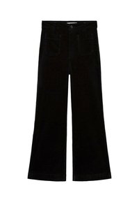 Black wide-leg trousers made from soft fabric, featuring a button and zipper closure, front and back pockets. Smooth texture, no patterns.