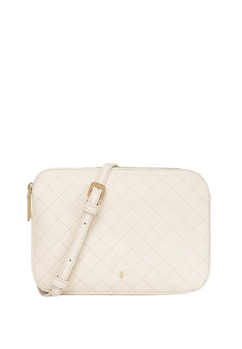 Pikowana torba na ramię w kolorze kremowym, wykonana z ekologicznej skóry, z złotym zamkiem błyskawicznym, odczepianym paskiem i prostokątnym kształtem z minimalistycznymi akcentami.