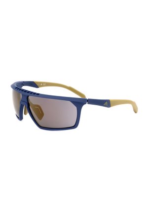 Occhiali da sole sportivi con montatura blu, lenti marroni sfumate e aste beige curve, con il logo Adidas sul lato.