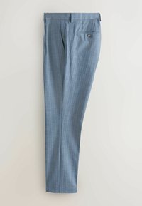 Pantalon bleu avec un motif discret à carreaux, poches latérales, passants de ceinture et une poche arrière boutonnée, présenté à plat sur un fond clair.
