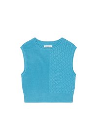 Lyhyt sininen neule sleeveless-paita, jossa on ribbineule yhdellä puolella ja letitetty kuvio toisella puolella. Yksinkertainen pyöreä pääntie.