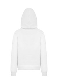 Weißer Kapuzenpullover mit langen Ärmeln, aus Baumwolle, mit Kängurutasche, gerippten Bündchen und Saum sowie einer glatten Oberfläche. Rückansicht.