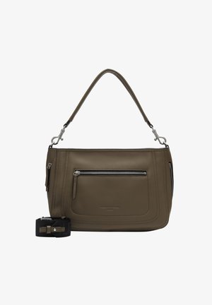 Borsa a tracolla in pelle verde oliva con zip argentata, tracolla regolabile e tasca frontale. Texture liscia e design minimalista.