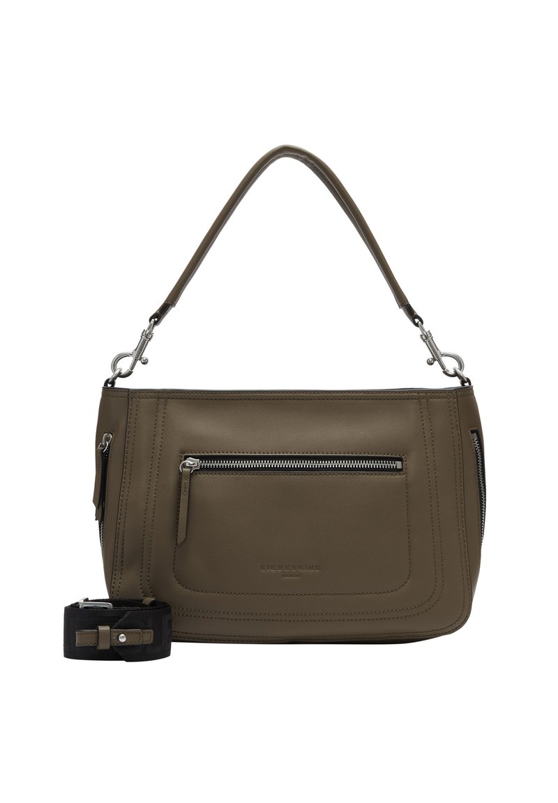 Olivgrüne Lederhandtasche mit einem silbernen Reißverschluss, verstellbarem Tragegurt und einer Fronttasche. Glatte Textur und minimalistisches Design.