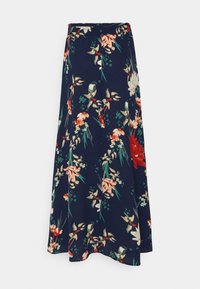 Gonna maxi floreale in tessuto blu navy con una varietà di fiori colorati. Presenta una cintura elastica e una forma A-line fluida.
