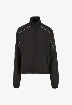 Schwarze leichte Jacke mit hohem Kragen und Reißverschluss. Mit elastischen Bündchen und weißen Akzentlinien entlang der Schultern. Glatte Textur.