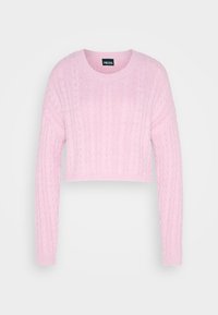 Suéter corto rosa con mangas largas, que presenta un patrón de punto en relieve tipo cable y un cuello redondo. Material suave y acogedor.