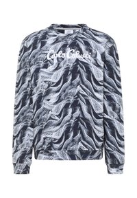 Navy blue sweatshirt with a textured swirl pattern in gray and white. It features a crew neck and ribbed cuffs. Logo text is centrally placed.