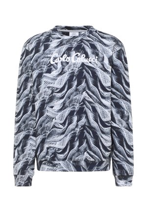Navy blue sweatshirt with a textured swirl pattern in gray and white. It features a crew neck and ribbed cuffs. Logo text is centrally placed.