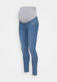 Graviditetsjeans med en elastisk grå midja, slim-fit blå denim, femfickorsdesign och lätt blekning på låren och knäna.