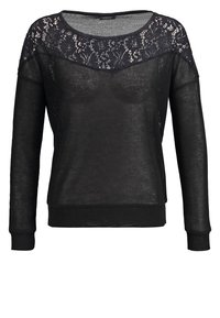 Black sweater with long sleeves, lace detailing on the neckline, and ribbed cuffs and hem, featuring a loose, lightweight knit fabric.