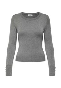 Pull gris à manches longues avec un col rond. Les poignets côtelés sont ornés de trois boutons. Texture en tricot lisse et coupe ajustée.