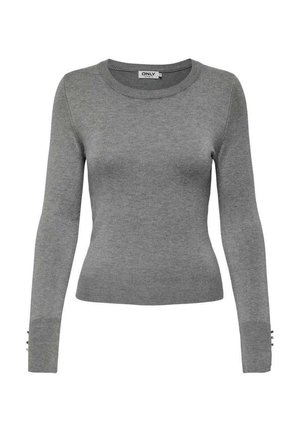 Pull gris à manches longues avec un col rond. Les poignets côtelés sont ornés de trois boutons. Texture en tricot lisse et coupe ajustée.