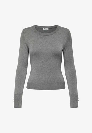Pull gris à manches longues avec un col rond. Les poignets côtelés sont ornés de trois boutons. Texture en tricot lisse et coupe ajustée.