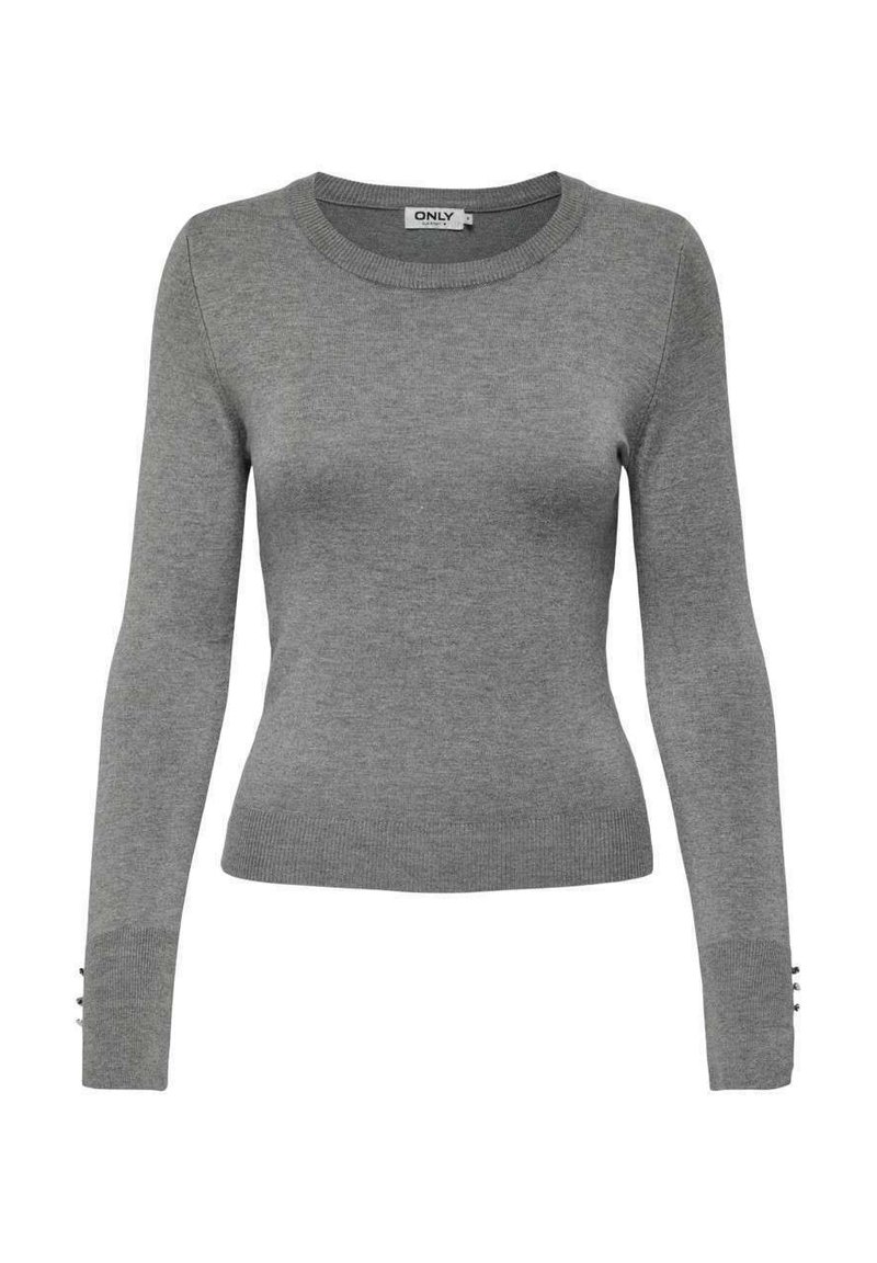 Pull gris à manches longues avec un col rond. Les poignets côtelés sont ornés de trois boutons. Texture en tricot lisse et coupe ajustée.