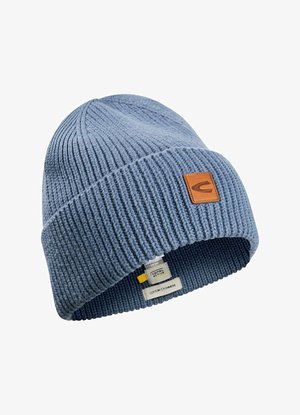 Blauwe gebreide beanie van een katoen- en kasjmierblend. Heeft een geribbelde textuur en een leren logo-label in bruin. Verzorgingslabel is aan de binnenkant aangebracht.