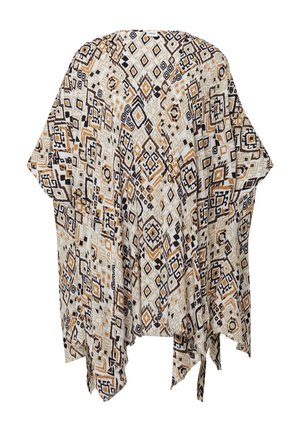 Lichte kimono in crème, bruin en zwart met geometrische patronen, heeft open zijkanten en een losse silhouet. Veters aan de voorkant.